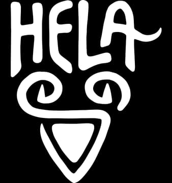 Hela: Rounded hand-drawn lettering above a stylized owl face with spiral eyes.