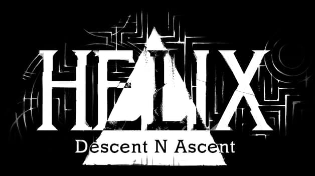 Helix: Distressed block lettering with glitch cutouts and a spiral emblem on the right.