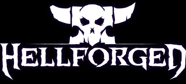 Hellforged: Jagged gothic wordmark with horned skull crest and heavy outline.