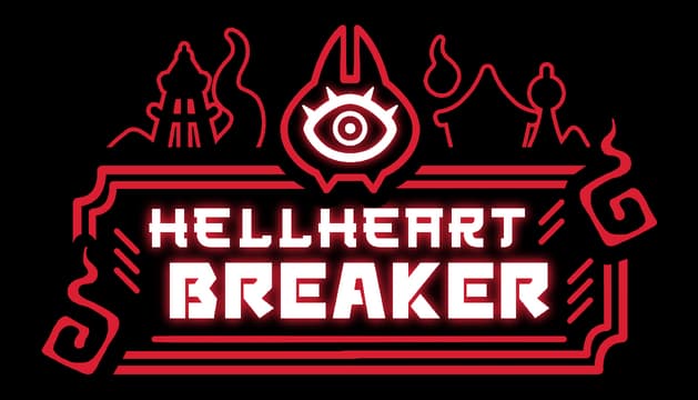 HellHeart Breaker: Neon red block lettering in a framed banner with eye-heart crest.