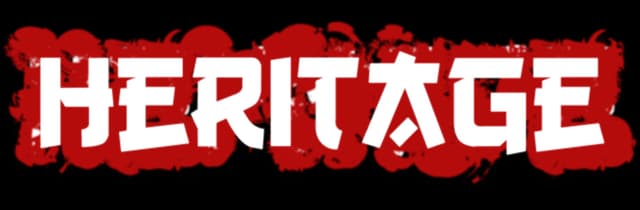 Heritage: Bold blocky stencil lettering in white, set on a jagged red splatter shape.