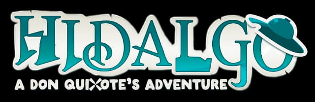 Hidalgo: Ornate teal serif wordmark with white outline and hat accent on O.