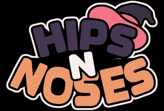 HIPS N NOSES: Bold rounded stacked letters, thick outline, pink accent swoosh.