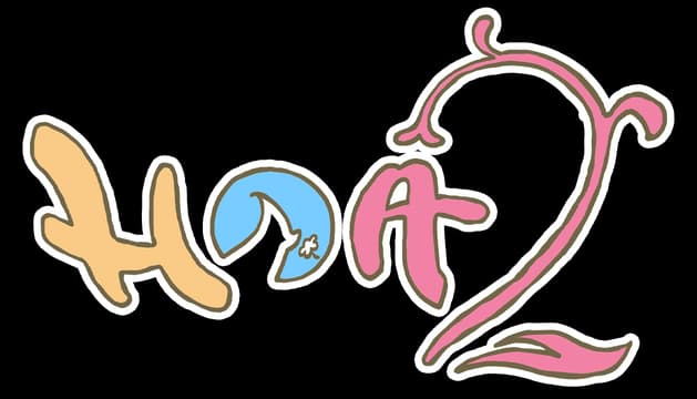 Hoa 2: Hand-drawn rounded letters with thick white outline, vine-like pink 2 flourish.