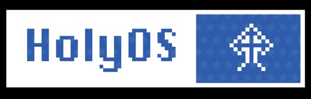 HolyOS: Pixelated blocky lettering with subtle texture, plus an 8-bit cross icon.