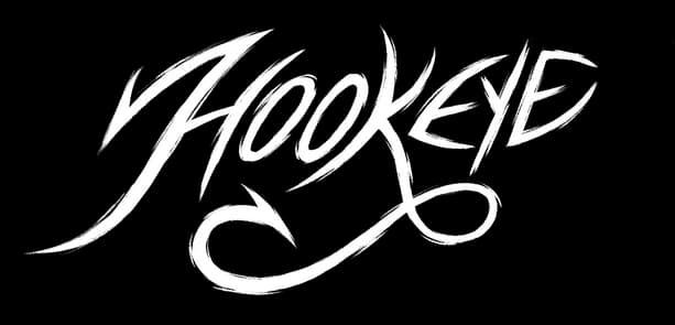 Hookeye: Jagged brush-script lettering with sharp hooks and a long sweeping underline.