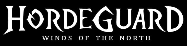 Hordeguard: Bold jagged medieval serif lettering with cracked, distressed texture.