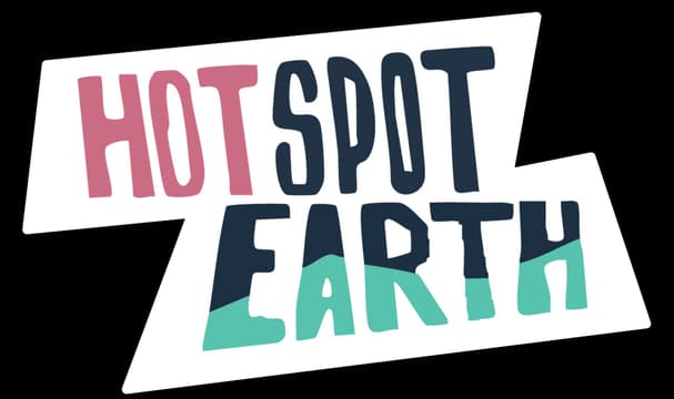 Hotspot Earth: Bold tall condensed lettering on angled sticker shapes, two-tone fill.