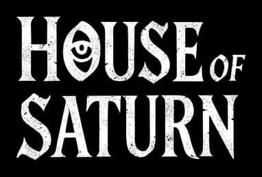House of Saturn: Distressed gothic serif wordmark with occult eye in the O.