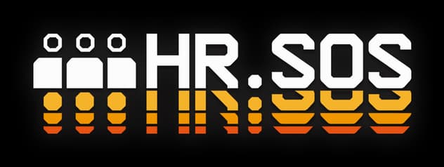 HR.SOS: Bold block sans text with orange gradient stripes and subtle 3D shadow.