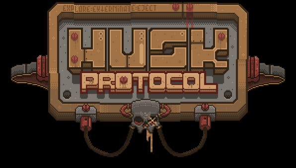 Husk Protocol: Chunky pixel-art lettering on a riveted metal plaque with cables.