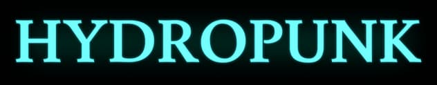HYDROPUNK: Bold slab-serif letters with inner glow, set in a rounded capsule frame.