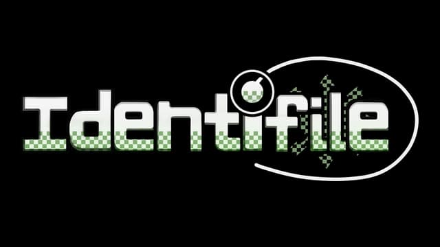 Pixelated green checkered text with magnifying glass and curved line.