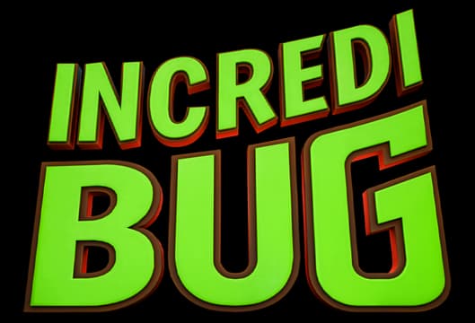 Incredibug: Bold 3D block letters in tilted perspective, neon green with shadowed edge.