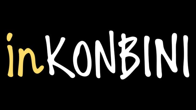 Stylized handwritten font; "in" in soft yellow, "KONBINI" in bold white.