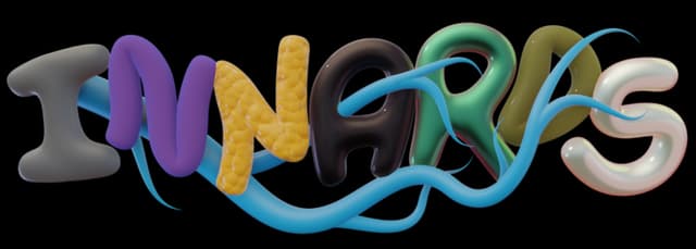Innards: Glossy 3D balloon letters with bubbly texture and looping blue ribbon swoosh.