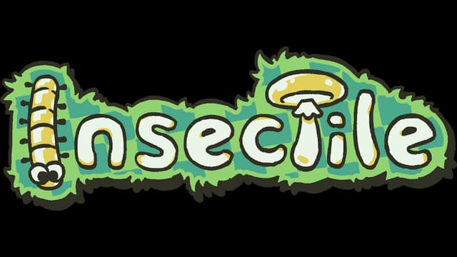 Cartoon-style font with bug-themed letters, mushroom accent, and wavy, leafy outline.