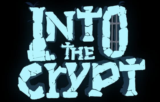 Into the Crypt: Jagged stone-carved letters with cracks and chiseled edges, stacked layout.