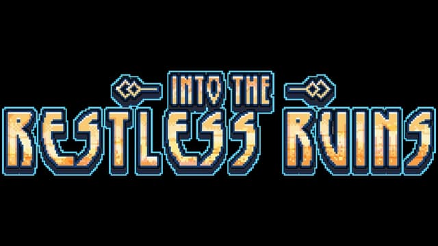 Pixelated block font with orange gradient and decorative blue outlines.