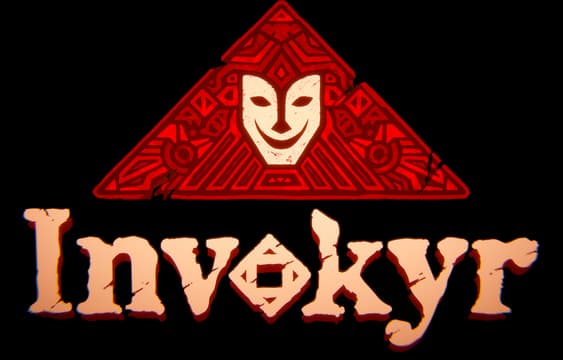Invokyr: Rough-edged fantasy serif in tan with shadow; red rune pyramid mask icon.