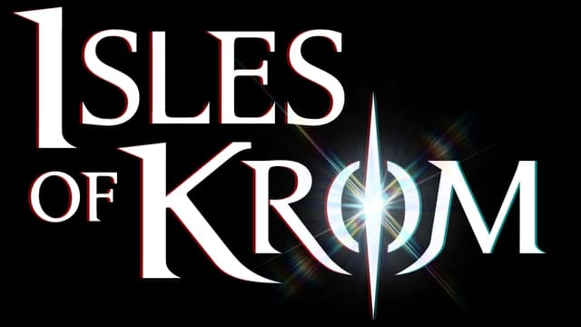 Serif font with bold red outline, rainbow lens flare behind text.