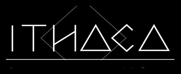 Ithaca: Geometric angular lettering with triangle A’s, intersecting linework, underline.