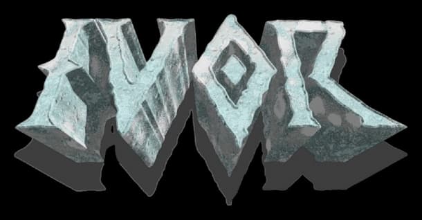 IVOR: Chiseled icy stone 3D letters with sharp edges, beveled shading.