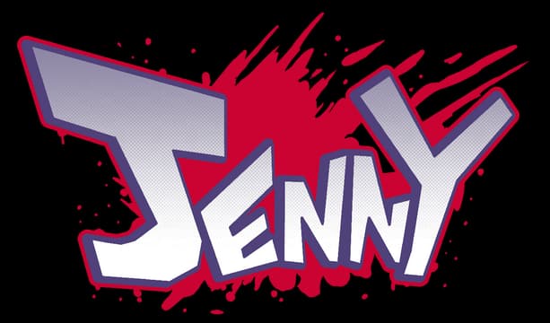 JENNY: Bold slanted comic lettering with purple outline and red splatter burst.
