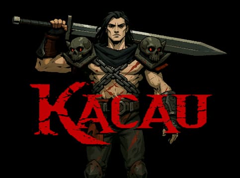 KACAU: Bold, distressed red font with sharp edges and dramatic strokes.