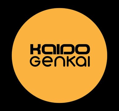 Kaido Genkai: Rounded futuristic lettering with split strokes inside a bold circle mark.