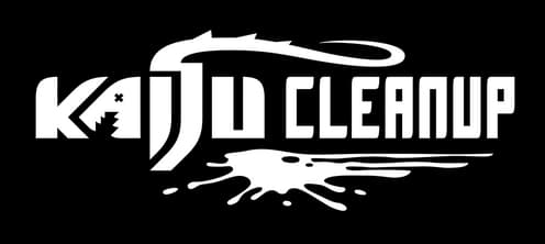 Kaiju Cleanup: Bold block lettering with kaiju-tail swoosh and splatter underline.