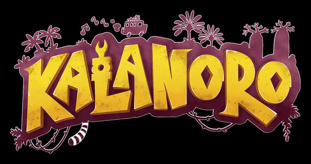 Kalanoro: Bold jagged yellow letters with purple outline, jungle silhouette and notes.