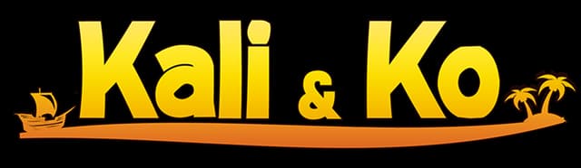 Kali and Ko: Bold rounded yellow letters with orange outline and swoosh underline.