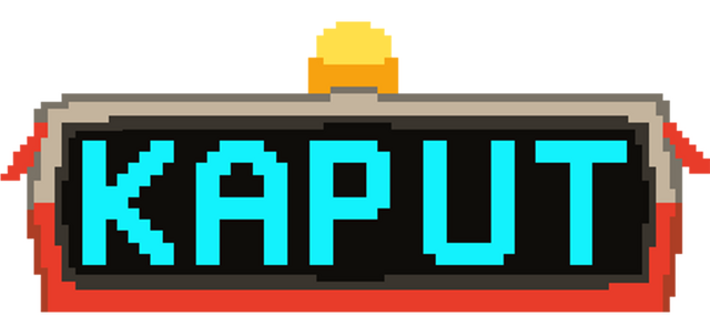 Kaput: Cyan pixel-block letters on a beveled plaque with red trim and top clasp.