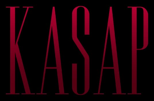 KASAP: Tall condensed serif letters in dark red with subtle gradient shading.