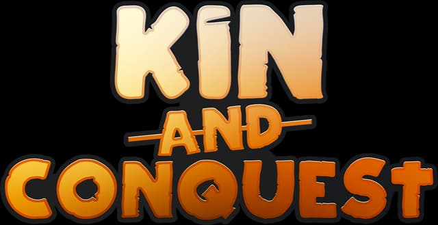 Kin and Conquest: Chunky cartoon letters with orange gradient, bold outline and shadow.