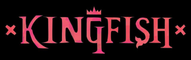 KingFish: Bold serif lettering with bevel shadow, crown on F, X accents at sides.