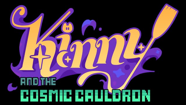 Kinny and the Cosmic Cauldron: Curvy gold script with purple glow, pixel subtitle.