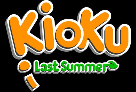 Kioku: Rounded bold orange letters with thick white outline; green subtitle tag.