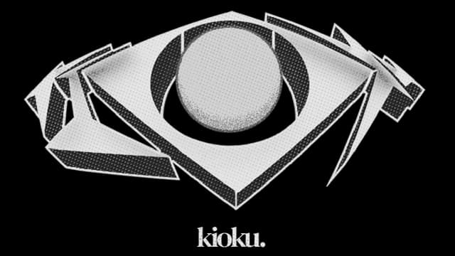 Angular eye shape with halftone texture and fragmented 3D design elements.