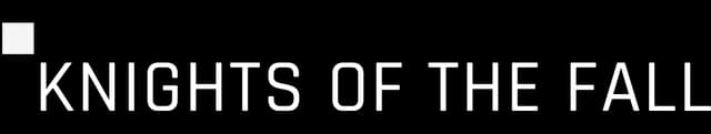 KNIGHTS OF THE FALL: Bold block lettering with pixelated glitch stripes and scanlines.