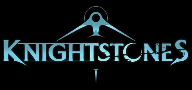 Knightstones: Icy beveled serif lettering with sword-crossguard emblem and glow outline.