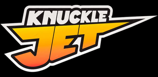 Knuckle Jet: Bold slanted lettering, thick outline, orange gradient with sharp tail swoosh.