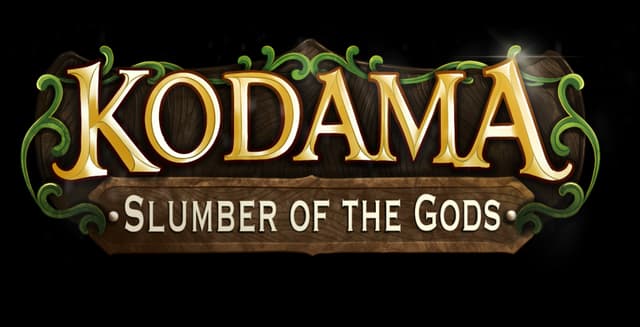 Kodama: Gold beveled serif lettering with vine flourishes and carved wood subtitle ribbon.