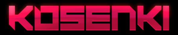 Kosenki: Bold angular sci-fi wordmark with beveled cuts and neon glow effect.