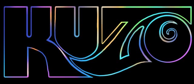 Kuzo: Bold outlined letters with iridescent gradient stroke and curled spiral tail.