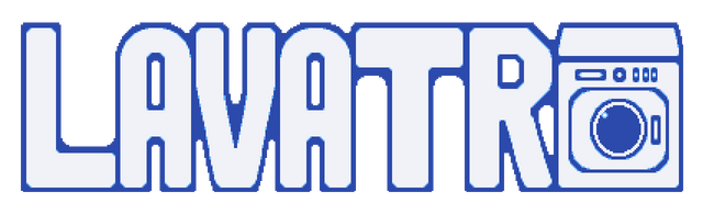 Lavatro: Bold rounded block letters with blue outline, washer icon in O.