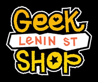 Lenin Street Geek Shop: Bold graffiti lettering with thick outline, star-cut O.