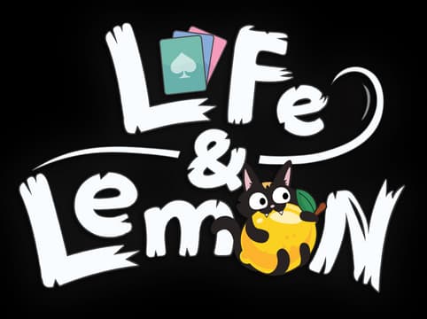 Life and Lemon: Bold hand-drawn lettering with drop shadow, card icon and cat-lemon mark.
