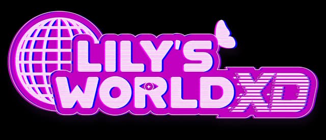 lily’s world XD: bold neon-pink rounded 3D letters, globe icon, scanline XD trail.